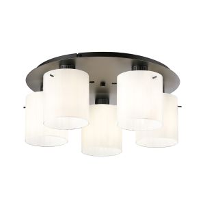 Brandroot Ribbed 56cm Round Ceiling Flush, 5 Light Flush Fitting E27, Dark Grey/Gloss White Wide Line Glass