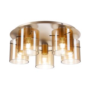 Brandroot Ribbed 56cm Round Ceiling Flush, 5 Light Flush Fitting E27, Light Gold/Amber Narrow Line Glass