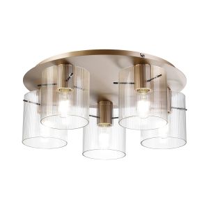 Brandroot Ribbed 56cm Round Ceiling Flush, 5 Light Flush Fitting E27, Light Gold/Clear Narrow Line Glass