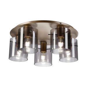 Brandroot Ribbed 56cm Round Ceiling Flush, 5 Light Flush Fitting E27, Light Gold/Smoke Narrow Line Glass