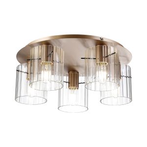 Brandroot Ribbed 56cm Round Ceiling Flush, 5 Light Flush Fitting E27, Light Gold/Clear Wide Line Glass