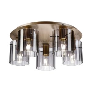 Brandroot Ribbed 56cm Round Ceiling Flush, 5 Light Flush Fitting E27, Light Gold/Smoke Wide Line Glass