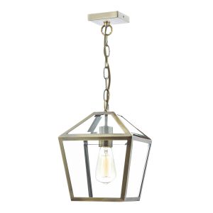 Churchill 1 Light E27 Antique Brass Adjustable Lantern Pendant With Bevelled Panes Of Clear Glass