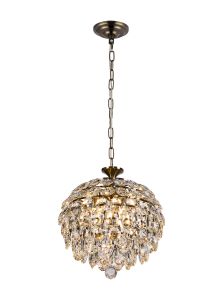 Coniston 35cm Pendant, 3 Light E14, Antique Brass/Crystal