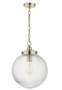 Tamara 1 Light E27 Antique Brass Adjustable Single Vintage Globe Pendant With Clear Ribbed Glass Shade