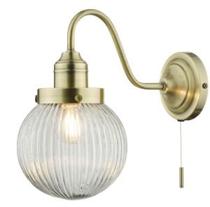 Tamara 1 Light E14 Antique Brass Vintage Globe Wall Light With Pull Cord C/W Clear Ribbed Glass Shade