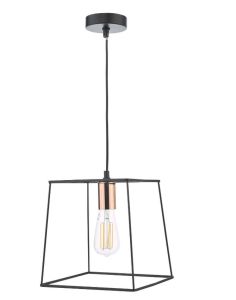 Tower 1 Light E27 Matt Black With Copper Adjustable Wire Frame Box Pendant