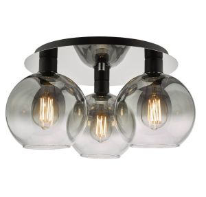 Lycia 3 Light E27 Matt Black Semi Flush Ceiling Light C/W Ombre Smoked Glass Shade