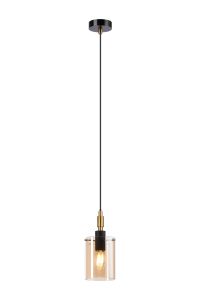 Rada 10cm 1.5m Single Pendant With 10x13.5cm Cylinder Glass, 1 Light E14, IP44, Black/Brass Gold/Amber