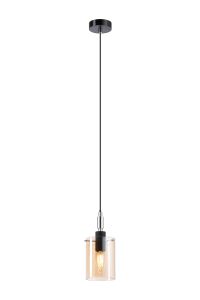 Rada 10cm 1.5m Single Pendant With 10x13.5cm Cylinder Glass, 1 Light E14, IP44, Black/Polished Chrome/Amber