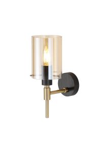 Rada Wall Lamp With 10x13.5cm Cylinder Glass, 1 Light E14, IP44, Black/Brass Gold/Amber