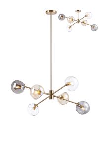 Eldia 85cm Round Fixed Multi Height Pendant/Semi Flush With Double Cut Glass, 6 x E14, Antique Gold/Cognac/Clear/Smoke