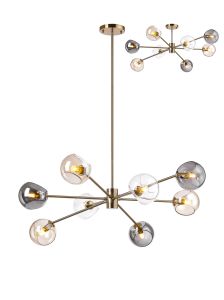 Eldia 100cm Round Fixed Multi Height Pendant/Semi Flush With Double Cut Glass, 8 x E14, Antique Gold/Cognac/Clear/Smoke