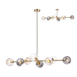 Eldia Linear Fixed Multi Height Pendant/Semi Flush With Double Cut Glass, 8 x E14, Antique Gold/Cognac/Clear/Smoke