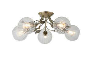 Elm 52.5cm Semi Ceiling, 5 Light G9, Antique Brass/Clear Glass