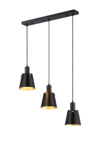 Tera Linear Pendant With 16cm x 14cm Shade, 3 Light E27, Sand Black/Black/Gold Metal Shade