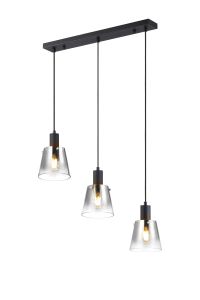 Tera Linear Pendant With 16cm x 14cm Shade, 3 Light E27, Sand Black/Smoke Faded Glass Shade