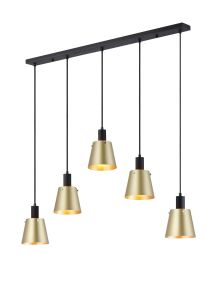 Tera Linear Pendant With 16cm x 14cm Shade, 5 Light E27, Sand Black/Brass/Gold Metal Shade