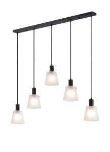 Tera Linear Pendant With 16cm x 14cm Shade, 5 Light E27, Sand Black/Frosted White Glass Shade