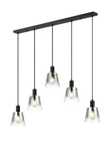 Tera Linear Pendant With 16cm x 14cm Shade, 5 Light E27, Sand Black/Smoke Faded Glass Shade