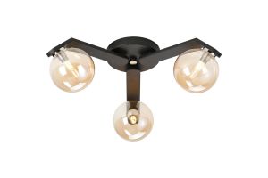 Bagno 51cm Flush Ceiling, 3 Light G9, IP44, Black/Polished Chrome/Amber Smooth Round Glass