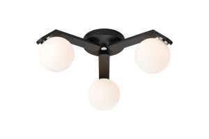 Bagno 51cm Flush Ceiling, 3 Light G9, IP44, Black/Polished Chrome/Opal Smooth Round Glass