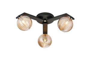 Bagno 51cm Flush Ceiling, 3 Light G9, IP44, Black/Polished Chrome/Amber Ribbed Round Glass