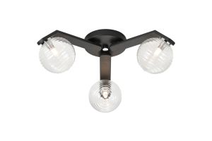 Bagno 51cm Flush Ceiling, 3 Light G9, IP44, Black/Polished Chrome/Clear Ribbed Round Glass