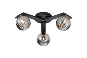 Bagno 51cm Flush Ceiling, 3 Light G9, IP44, Black/Polished Chrome/Smoke Ribbed Round Glass