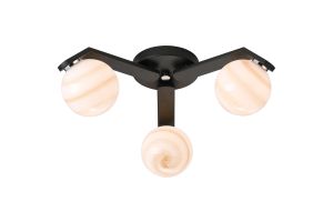 Bagno 51cm Flush Ceiling, 3 Light G9, IP44, Black/Polished Chrome/Brown Round Marble Effect Glass