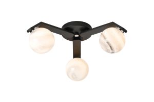 Bagno 51cm Flush Ceiling, 3 Light G9, IP44, Black/Polished Chrome/Grey Round Marble Effect Glass