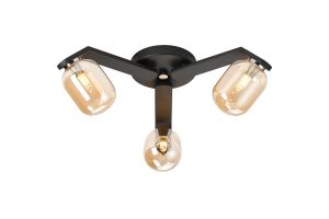 Bagno 51cm Flush Ceiling, 3 Light G9, IP44, Black/Polished Chrome/Amber Smooth Tubular Glass