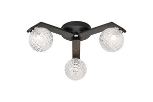 Bagno 51cm Flush Ceiling, 3 Light G9, IP44, Black/Polished Chrome/Clear Cross Pattern Round Glass