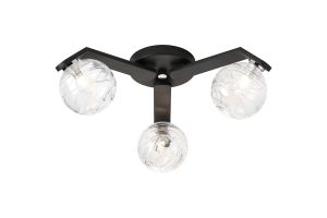 Bagno 51cm Flush Ceiling, 3 Light G9, IP44, Black/Polished Chrome/Clear Dune Effect Round Glass