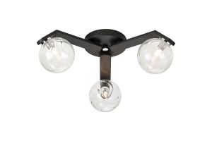 Bagno 51cm Flush Ceiling, 3 Light G9, IP44, Black/Polished Chrome/Clear Waved Round Glass