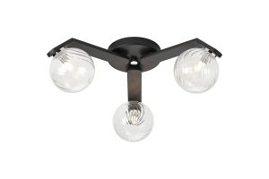 Bagno 51cm Flush Ceiling, 3 Light G9, IP44, Black/Polished Chrome/Clear Swirl Round Glass