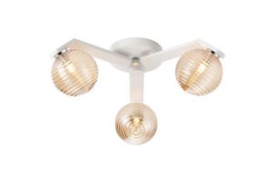 Bagno 51cm Flush Ceiling, 3 Light G9, IP44, White/Polished Chrome/Amber Ribbed Round Glass