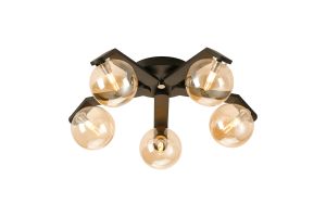 Bagno 54.3cm Flush Ceiling, 5 Light G9, IP44, Black/Polished Chrome/Amber Smooth Round Glass