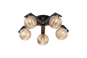 Bagno 54.3cm Flush Ceiling, 5 Light G9, IP44, Black/Polished Chrome/Amber Ribbed Round Glass