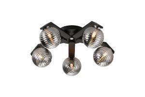 Bagno 54.3cm Flush Ceiling, 5 Light G9, IP44, Black/Polished Chrome/Smoke Ribbed Round Glass