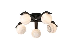 Bagno 54.3cm Flush Ceiling, 5 Light G9, IP44, Black/Polished Chrome/Grey Round Marble Effect Glass