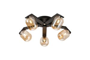 Bagno 54.3cm Flush Ceiling, 5 Light G9, IP44, Black/Polished Chrome/Amber Smooth Tubular Glass