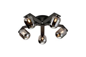 Bagno 54.3cm Flush Ceiling, 5 Light G9, IP44, Black/Polished Chrome/Smoke Smooth Tubular Glass