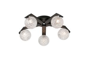 Bagno 54.3cm Flush Ceiling, 5 Light G9, IP44, Black/Polished Chrome/Clear Cross Pattern Round Glass