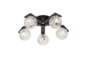 Bagno 54.3cm Flush Ceiling, 5 Light G9, IP44, Black/Polished Chrome/Clear Dune Effect Round Glass