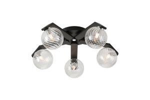 Bagno 54.3cm Flush Ceiling, 5 Light G9, IP44, Black/Polished Chrome/Clear Swirl Round Glass