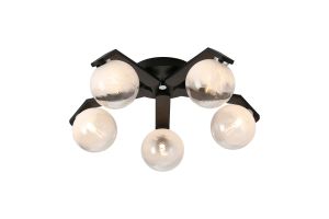 Bagno 54.3cm Flush Ceiling, 5 Light G9, IP44, Black/Polished Chrome/White Two-Tone Snow Specks Round Glass