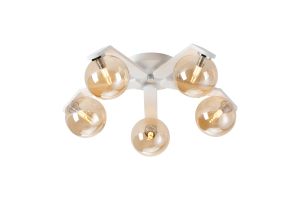 Bagno 54.3cm Flush Ceiling, 5 Light G9, IP44, White/Polished Chrome/Amber Smooth Round Glass