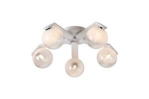 Bagno 54.3cm Flush Ceiling, 5 Light G9, IP44, White/Polished Chrome/White Two-Tone Snow Specks Round Glass