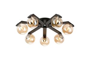 Bagno 64.5cm Flush Ceiling, 7 Light G9, IP44, Black/Polished Chrome/Amber Smooth Round Glass